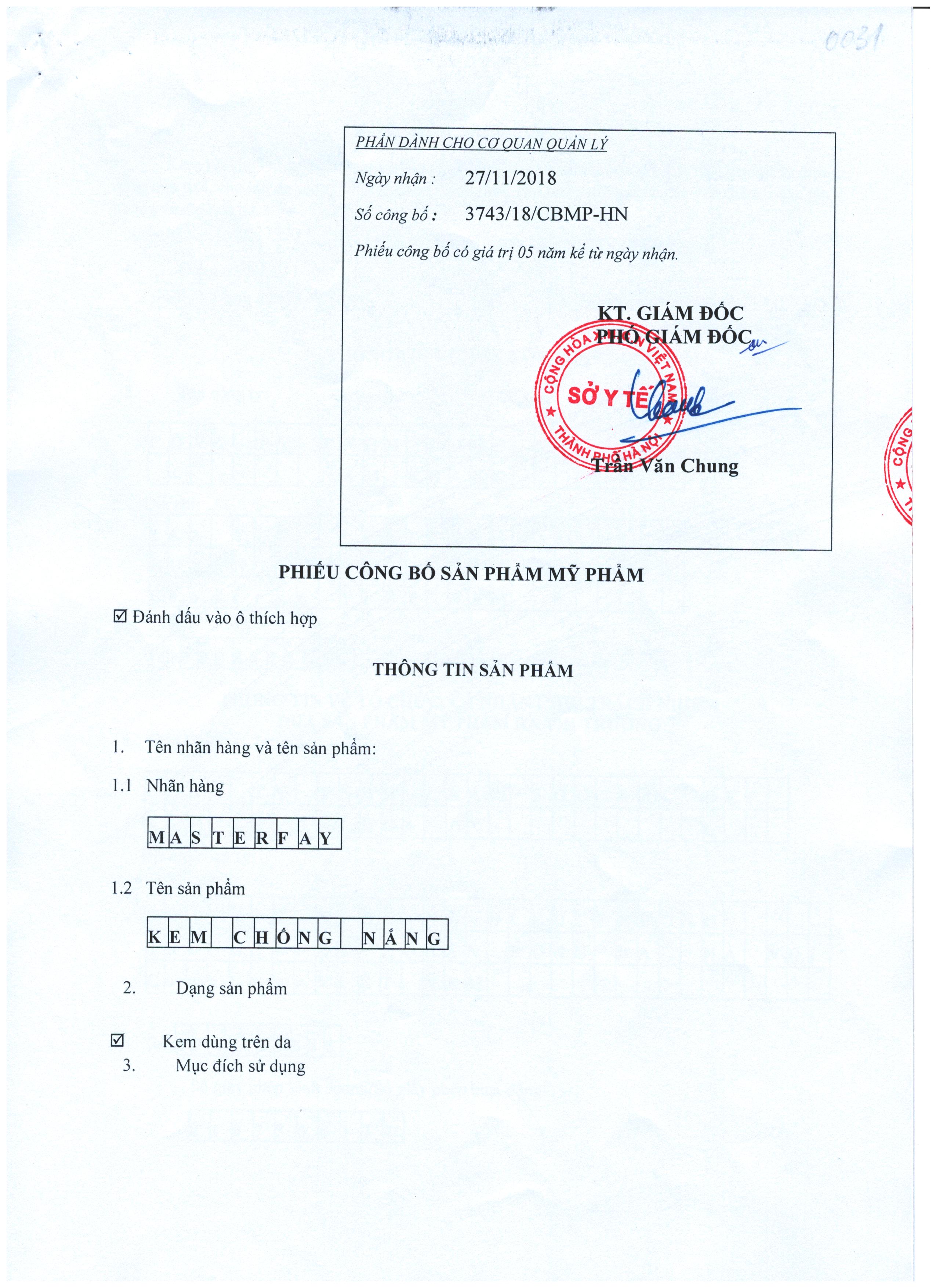 Phiếu công bố kem chống nắng Masterfay